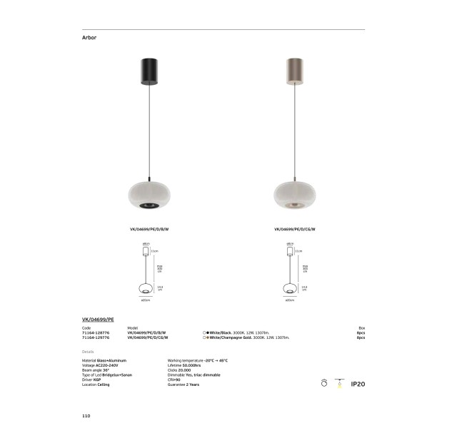 Pakabinamas šviestuvas ARBOR 3000K 12W 71164-129776