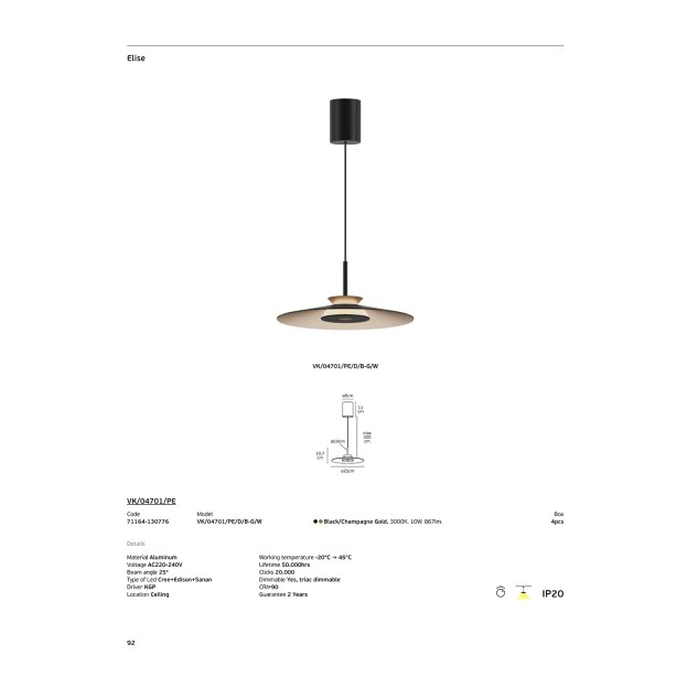 Pakabinamas šviestuvas ELISE 3000K 10W 71164-130776