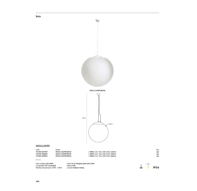Lauko pakabinamas šviestuvas BALA Max 20W IP54 75169-387997 Lauko pakabinamas šviestuvas BALA Max 20W IP54 75169-387997