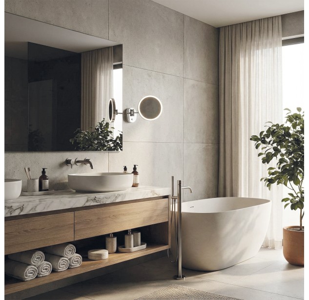 Boan Mirror 16/3252 Chrome, LED 7 W, 735 lm, CRI 90, CL.II, IP44, 5 kartų didinantis stiklas, su jungikliu, 3000 K–4000 K, slankusis jungiklis, reguliuojamas