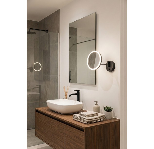 Boan Mirror 16/3252 Matinė juoda, LED 7 W 735 lm, CRI90 CL.II IP44, 5 kartų didinantis stiklas, su jungikliu, 3000 K–4000 K slankusis jungiklis, reguliuojamas