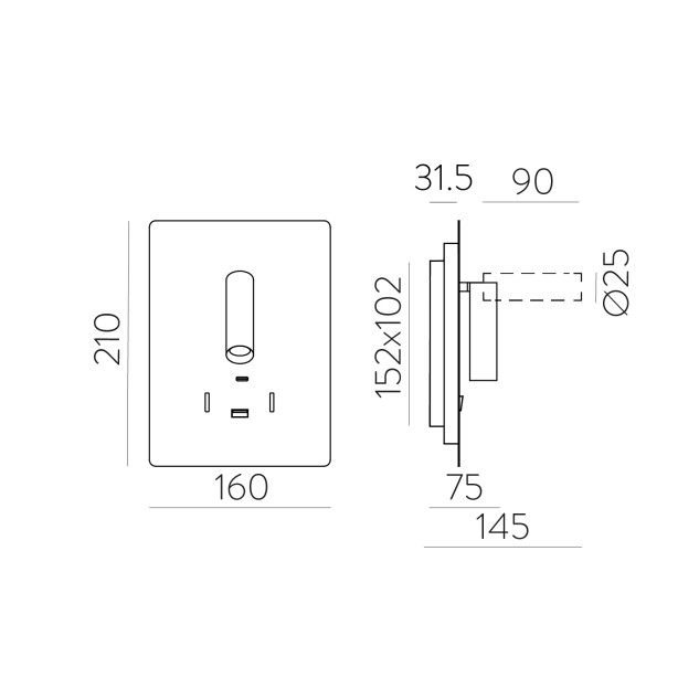 Manat sieninis šviestuvas 16/3568 tekstūruotas juodas, LED 5 W 3000 K 415 lm + 3 W 3000 K 285 lm, CRI90 CL.I, du jungikliai, su USB, USB-C, reguliuojamas