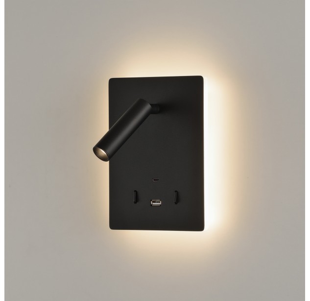 Manat sieninis šviestuvas 16/3568 tekstūruotas juodas, LED 5 W 3000 K 415 lm + 3 W 3000 K 285 lm, CRI90 CL.I, du jungikliai, su USB, USB-C, reguliuojamas