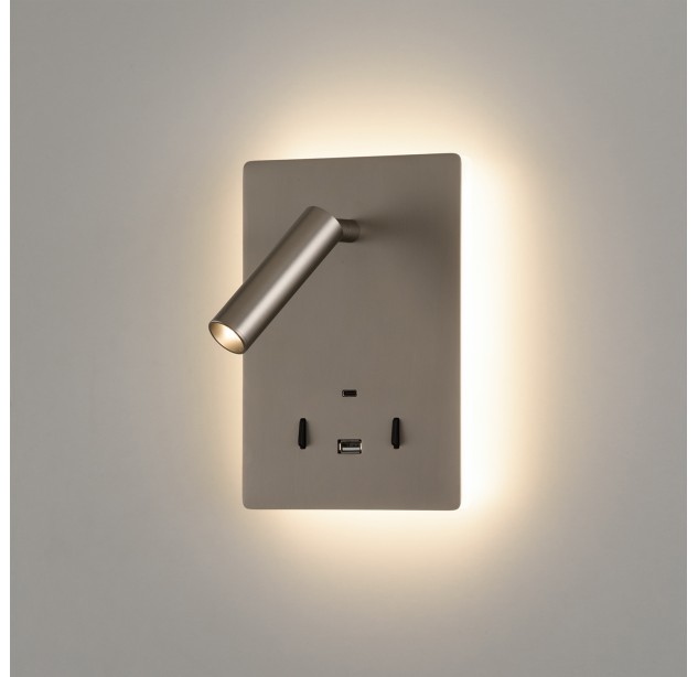 Manat sieninis šviestuvas 16/3568, matinis nikelis, LED 5 W 3000 K 415 lm + 3 W 3000 K 285 lm, CRI90 CL.I, du jungikliai, su USB, USB-C, reguliuojamas