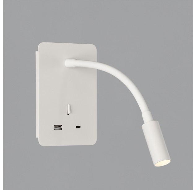 Senda sieninis šviestuvas 16/3835 tekstūruotas baltas, LED 3 W, 3000 K, 285 lm, CRI 90, CL.I, su jungikliu, su USB, USB-C, reguliuojamas