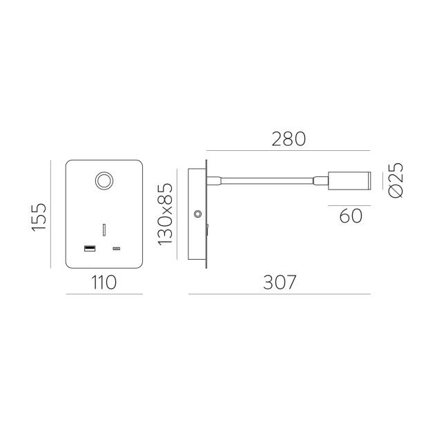 Senda sieninis šviestuvas 16/3835 tekstūruotas juodas, LED 3 W, 3000 K, 285 lm, CRI 90, CL.I, su jungikliu, su USB, USB-C, reguliuojamas