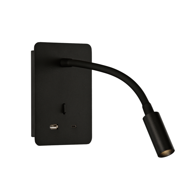 Senda sieninis šviestuvas 16/3835 tekstūruotas juodas, LED 3 W, 3000 K, 285 lm, CRI 90, CL.I, su jungikliu, su USB, USB-C, reguliuojamas