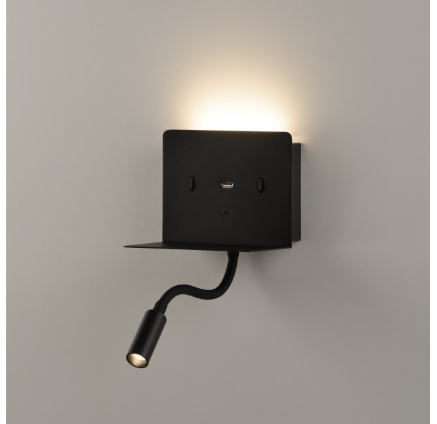 Sieninis šviestuvas „Calma“ 16/3836, tekstūruotas juodas, LED 6 W 3000 K 630 lm + 3 W 3000 K 285 lm, CRI90 CL.I, du jungikliai, su USB, USB-C, reguliuojamas