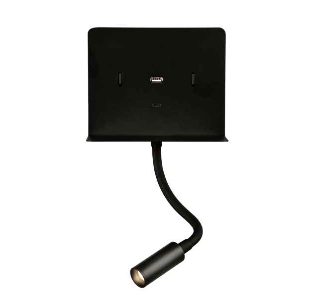 Sieninis šviestuvas „Calma“ 16/3836, tekstūruotas juodas, LED 6 W 3000 K 630 lm + 3 W 3000 K 285 lm, CRI90 CL.I, du jungikliai, su USB, USB-C, reguliuojamas