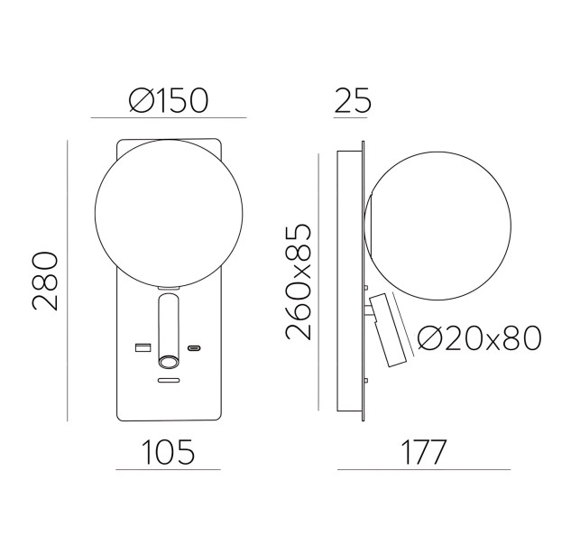 Kin sieninis šviestuvas 16/8169 tekstūruotas juodas/opalas, LED 8 W 2700 K 370 lm + 3 W 2700 K 285 lm, CRI90 CL.I, integruotas LED, du jungikliai, su USB, USB-C, reguliuojamas