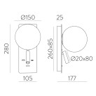 Kin sieninis šviestuvas 16/8169 tekstūruotas juodas/opalas, LED 8 W 2700 K 370 lm + 3 W 2700 K 285 lm, CRI90 CL.I, integruotas LED, du jungikliai, su USB, USB-C, reguliuojamas