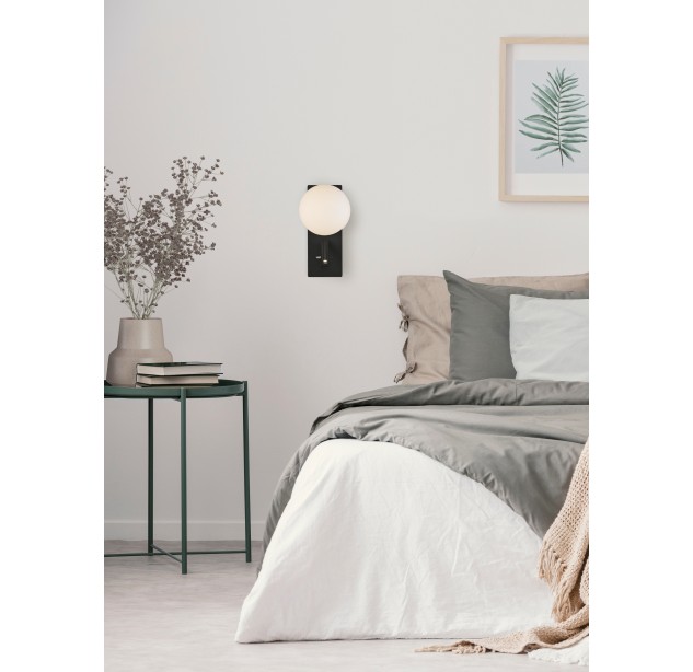 Kin sieninis šviestuvas 16/8169 tekstūruotas juodas/opalas, LED 8 W 2700 K 370 lm + 3 W 2700 K 285 lm, CRI90 CL.I, integruotas LED, du jungikliai, su USB, USB-C, reguliuojamas