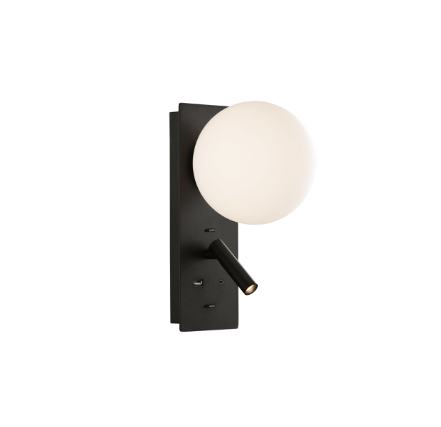 Kin sieninis šviestuvas 16/8169 tekstūruotas juodas/opalas, LED 8 W 2700 K 370 lm + 3 W 2700 K 285 lm, CRI90 CL.I, integruotas LED, du jungikliai, su USB, USB-C, reguliuojamas