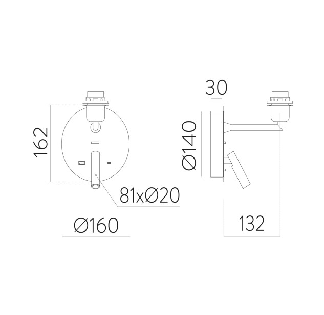 Stilo sieninis šviestuvas 16/8202 tekstūruotas juodas, LED 3 W 3000 K 285 lm + LED E27 15 W, CRI90 CL.I, du jungikliai, su USB, USB-C, be gaubto