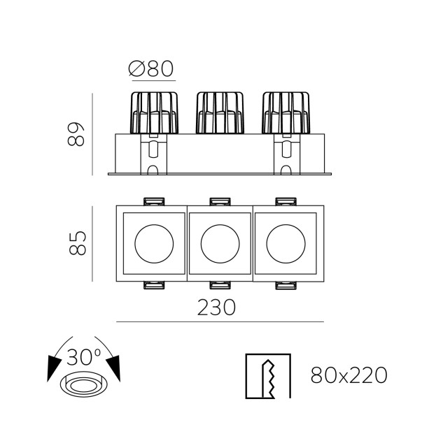 Move Recessed 3984/8 Cuadrado Textured Black, LED COB 3x12W 4275lm, CRI90 CL.II IP44/IP20, 3000K-4000K Slankusis jungiklis, Dim. Triac, MULTI-PACK