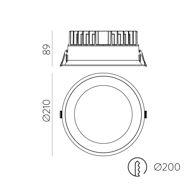 Tech Recessed %D8210mm Tekstūruota balta, LED 32,5 W 3880 lm, CRI90 CL.II IP65/IP20, 3000 K–4000 K Slankusis jungiklis, Dim. DALI/Push, Mikroprizminis difuzorius, MULTI-PACK, ON-DEMAND **