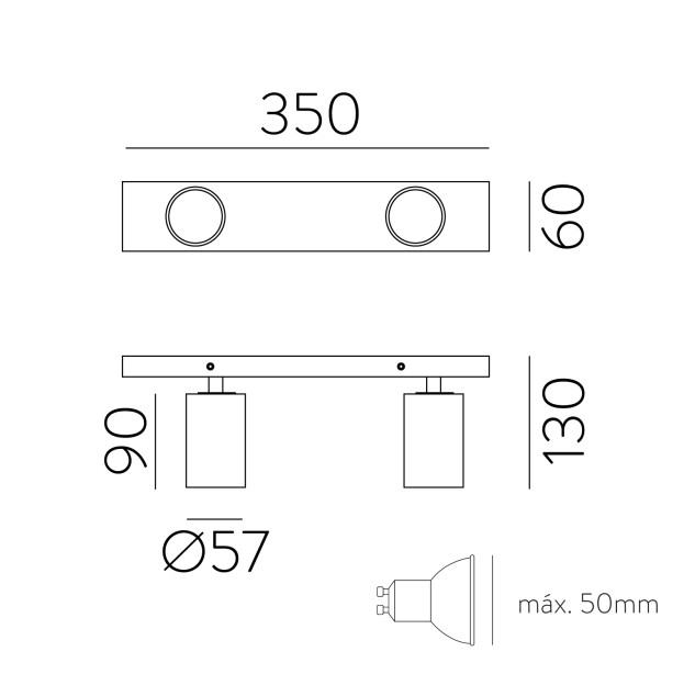 Gina lubinis šviestuvas 3874/R2 tekstūruotas juodas, LED GU10 2x8W, CL.I, reguliuojamas