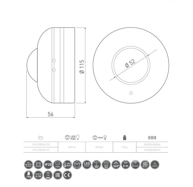 Judesio jutiklis 6m 1200W 360° IP20 CR-CR3000-00 Judesio jutiklis 6m 1200W 360° IP20 CR-CR3000-00