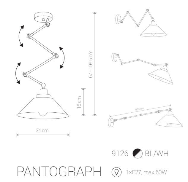 Sieninis šviestuvas PANTOGRAPH 25W E27 9126 Sieninis šviestuvas PANTOGRAPH 25W E27 9126